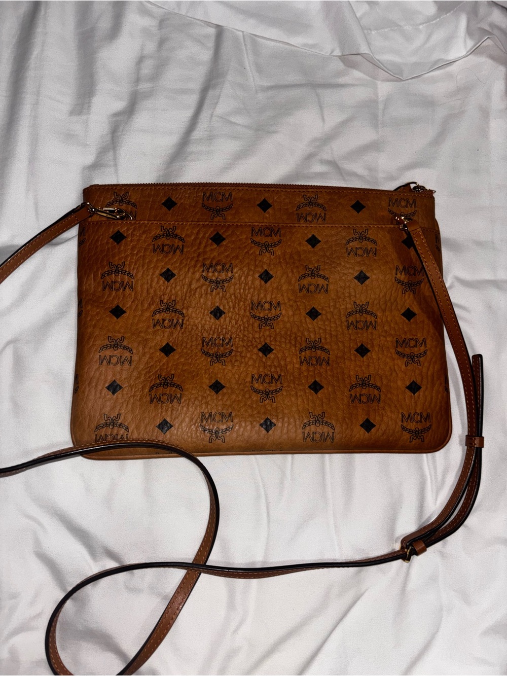 MCM Cognac Visetos Leather Crossbody Pouch - Picture 3 of 5